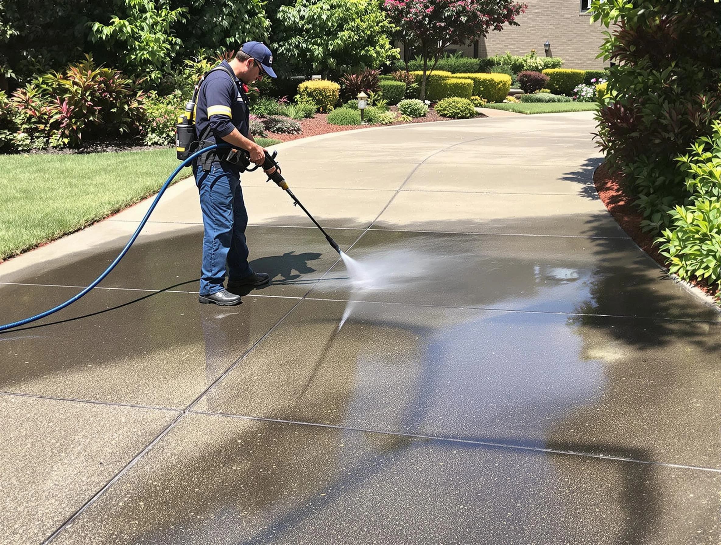 Experienced North Olmsted Power Washing team member pressure washing a driveway in North Olmsted