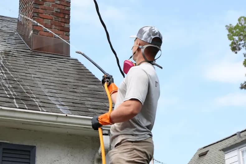 North Olmsted Power Washing professional performing gentle roof washing service in North Olmsted